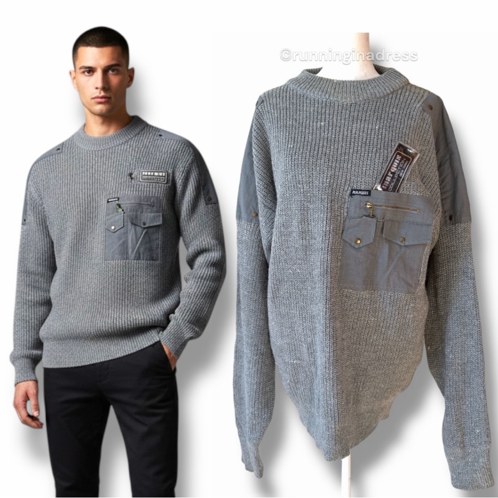 NWT Vintage Marquis Collection NYC Gray Tactical Cargo Utility Sweater 90 Y2K XL